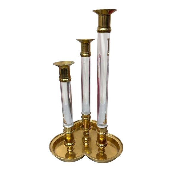 Ethan Allen 2 Vintage Lucite Brass Graduated Candle Holder Pair MCM Modernist - Picture 3 of 8